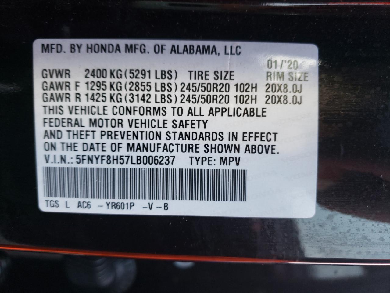 Zdjęcie 10 z aukcji – 2020 HONDA PASSPORT E z VIN 5FNYF8H57LB006237