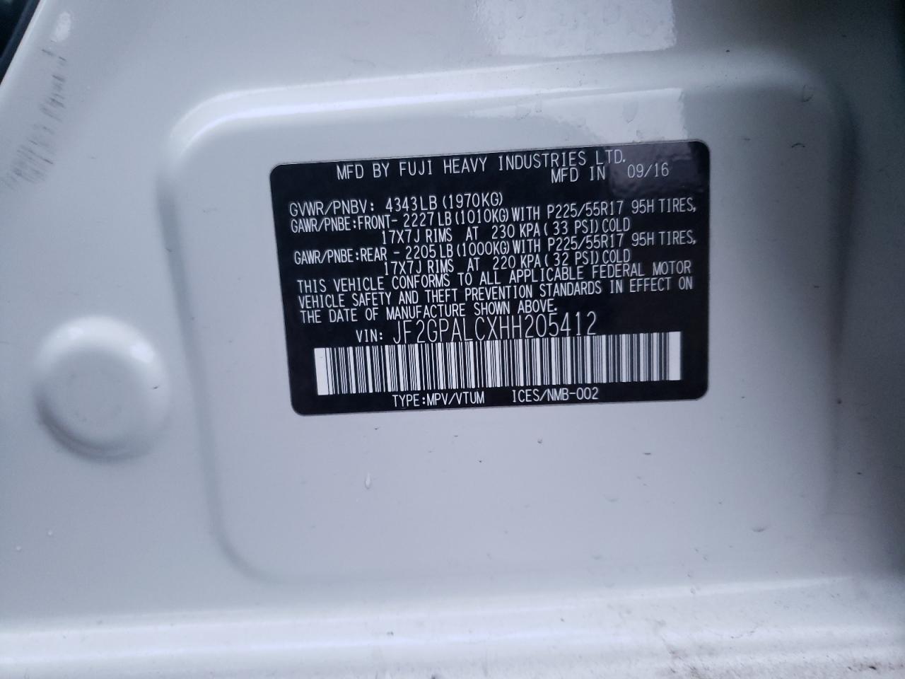 Photo 10 from auction – 2017 SUBARU CROSSTREK with VIN JF2GPALCXHH205412
