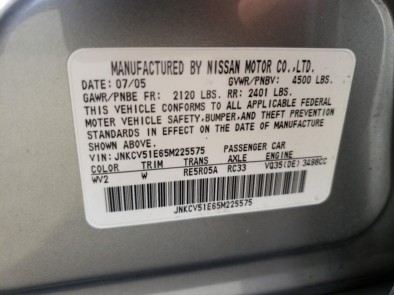 Photo 10 from auction – 2005 INFINITI G35 with VIN JNKCV51E65M225575