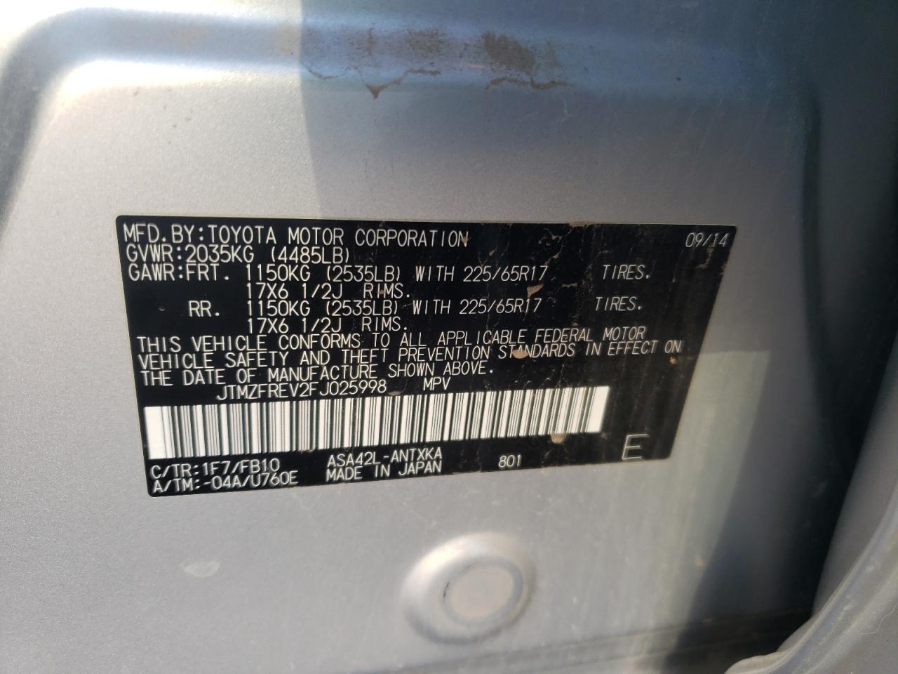 Photo 10 from auction – 2015 TOYOTA RAV4 LE with VIN JTMZFREV2FJ025998