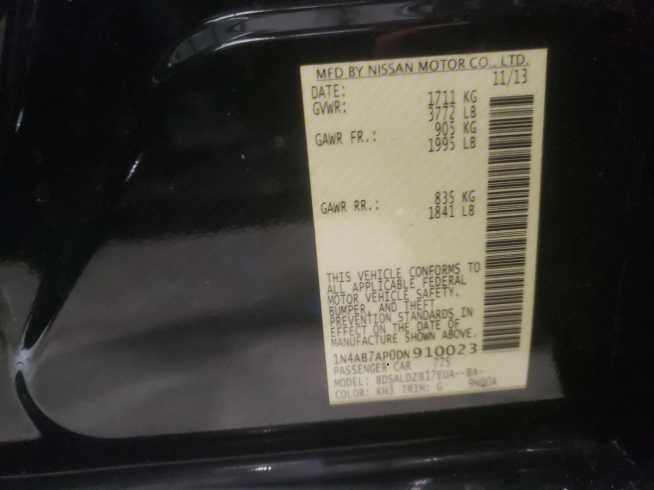 Photo 10 from auction – 2013 NISSAN SENTRA S with VIN 1N4AB7AP0DN910023