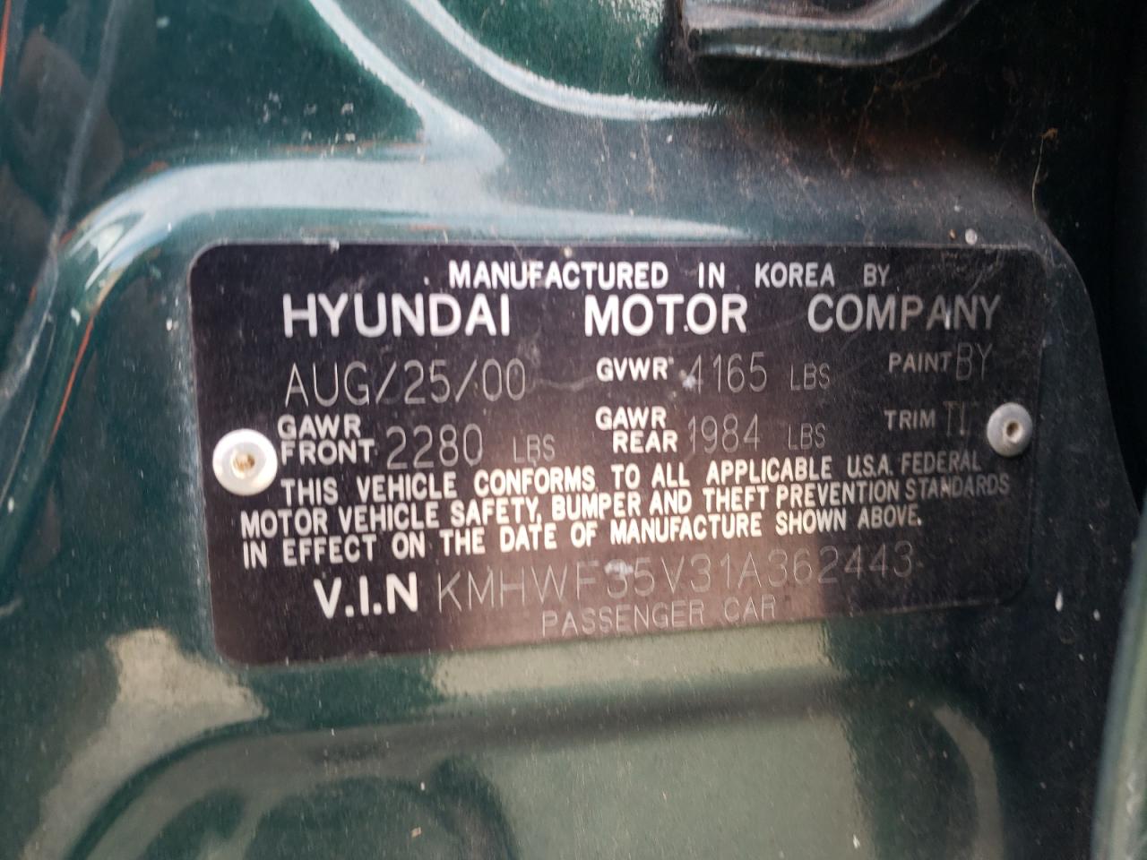 Photo 10 from auction – 2001 HYUNDAI SONATA GLS with VIN KMHWF35V31A362443