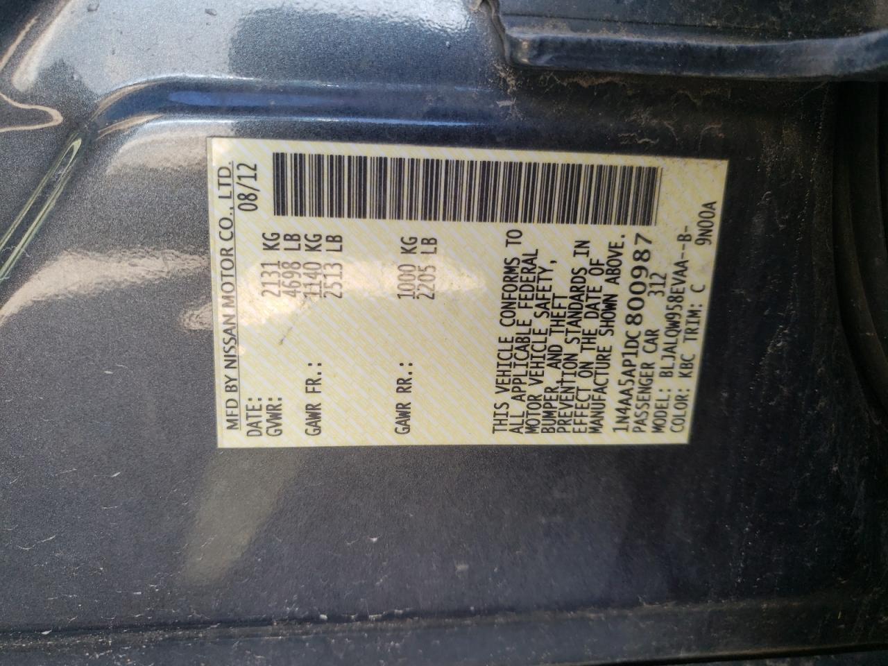 Photo 10 from auction – 2013 NISSAN MAXIMA S with VIN 1N4AA5AP1DC800987