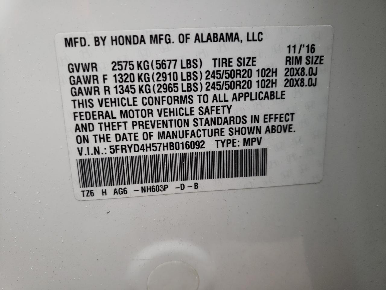 Photo 10 from auction – 2017 ACURA MDX TECHNO with VIN 5FRYD4H57HB016092