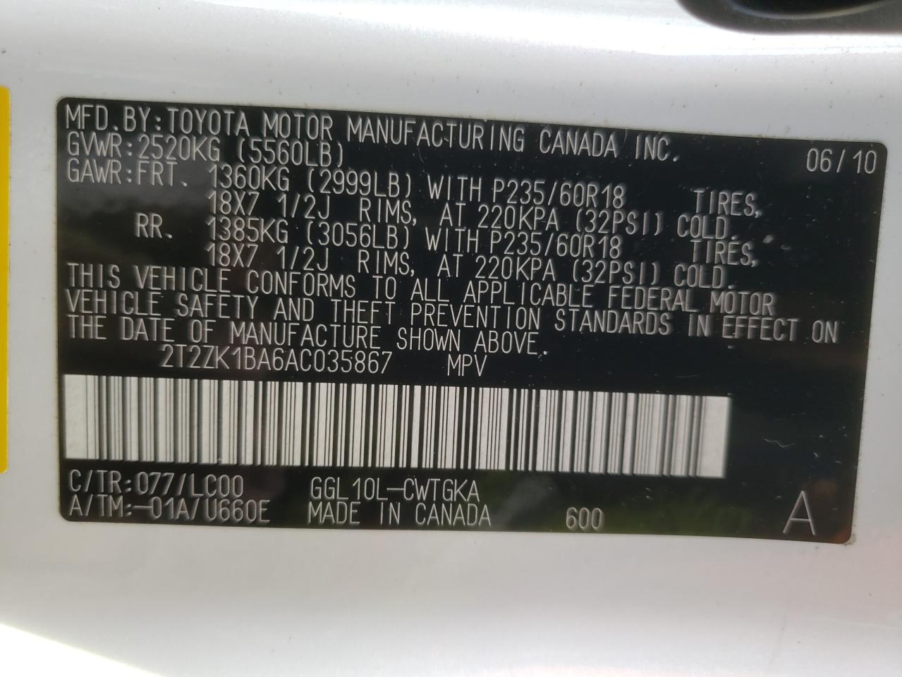 Photo 10 from auction – 2010 LEXUS RX 350 with VIN 2T2ZK1BA6AC035867