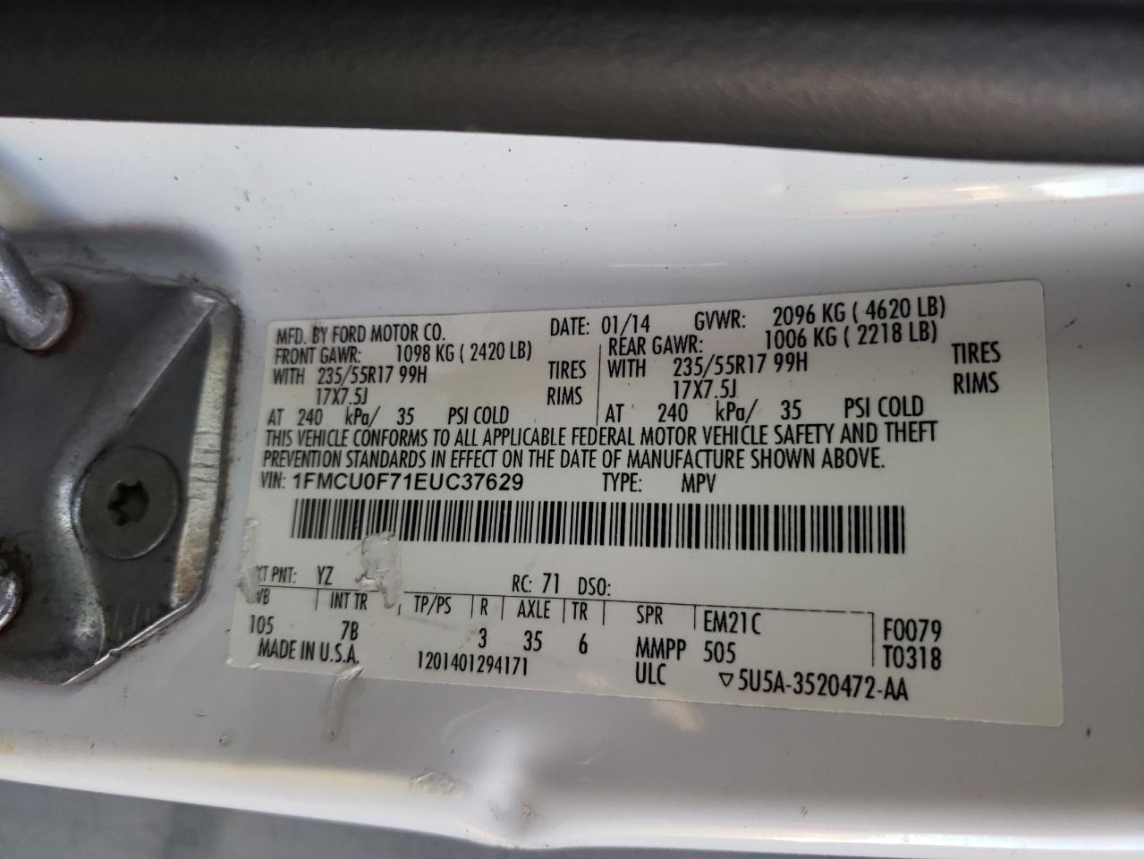 Photo 10 from auction – 2014 FORD ESCAPE S with VIN 1FMCU0F71EUC37629