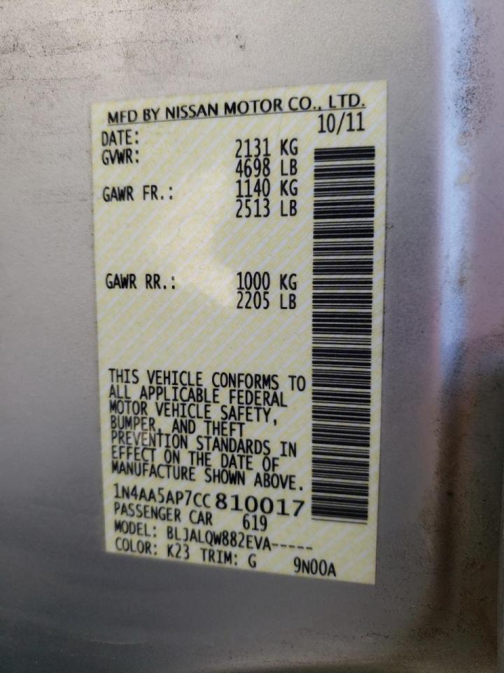 Photo 10 from auction – 2012 NISSAN MAXIMA S with VIN 1N4AA5AP7CC810017