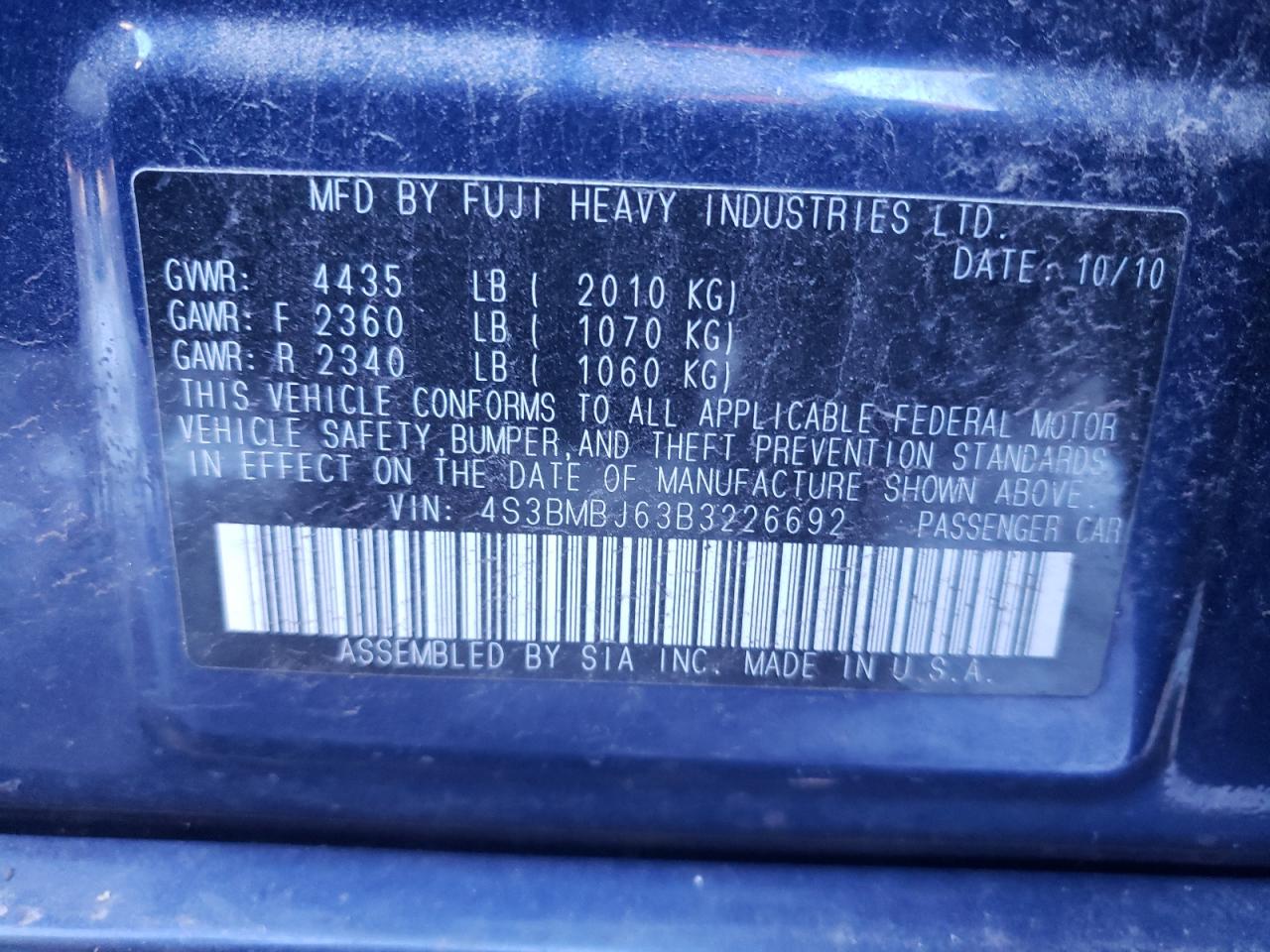 Photo 10 from auction – 2011 SUBARU LEGACY 2.5 with VIN 4S3BMBJ63B3226692