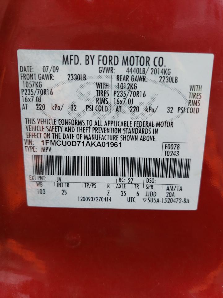 Photo 10 from auction – 2010 FORD ESCAPE XLT with VIN 1FMCU0D71AKA01961