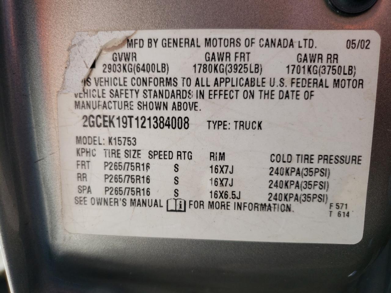 Photo 10 from auction – 2002 CHEVROLET SILVERADO with VIN 2GCEK19T121384008