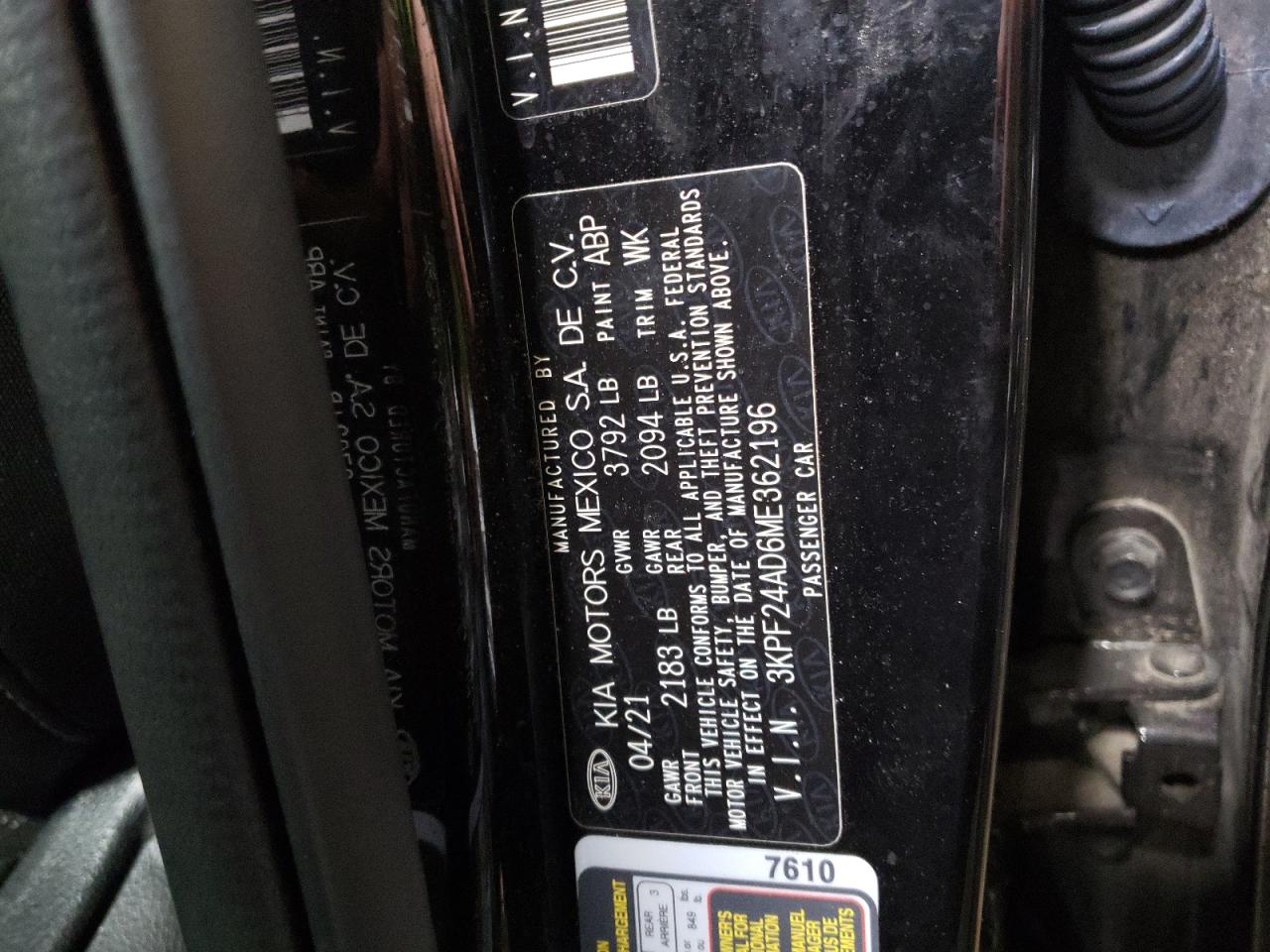 Photo 10 from auction – 2021 KIA FORTE FE with VIN 3KPF24AD6ME362196