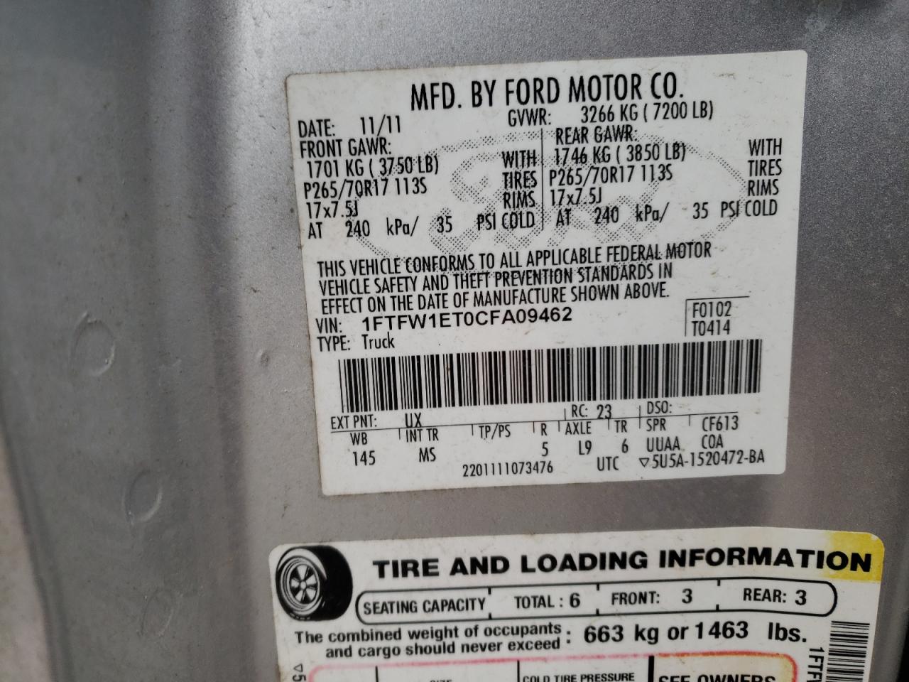 Photo 10 from auction – 2012 FORD F150 SUPER with VIN 1FTFW1ET0CFA09462