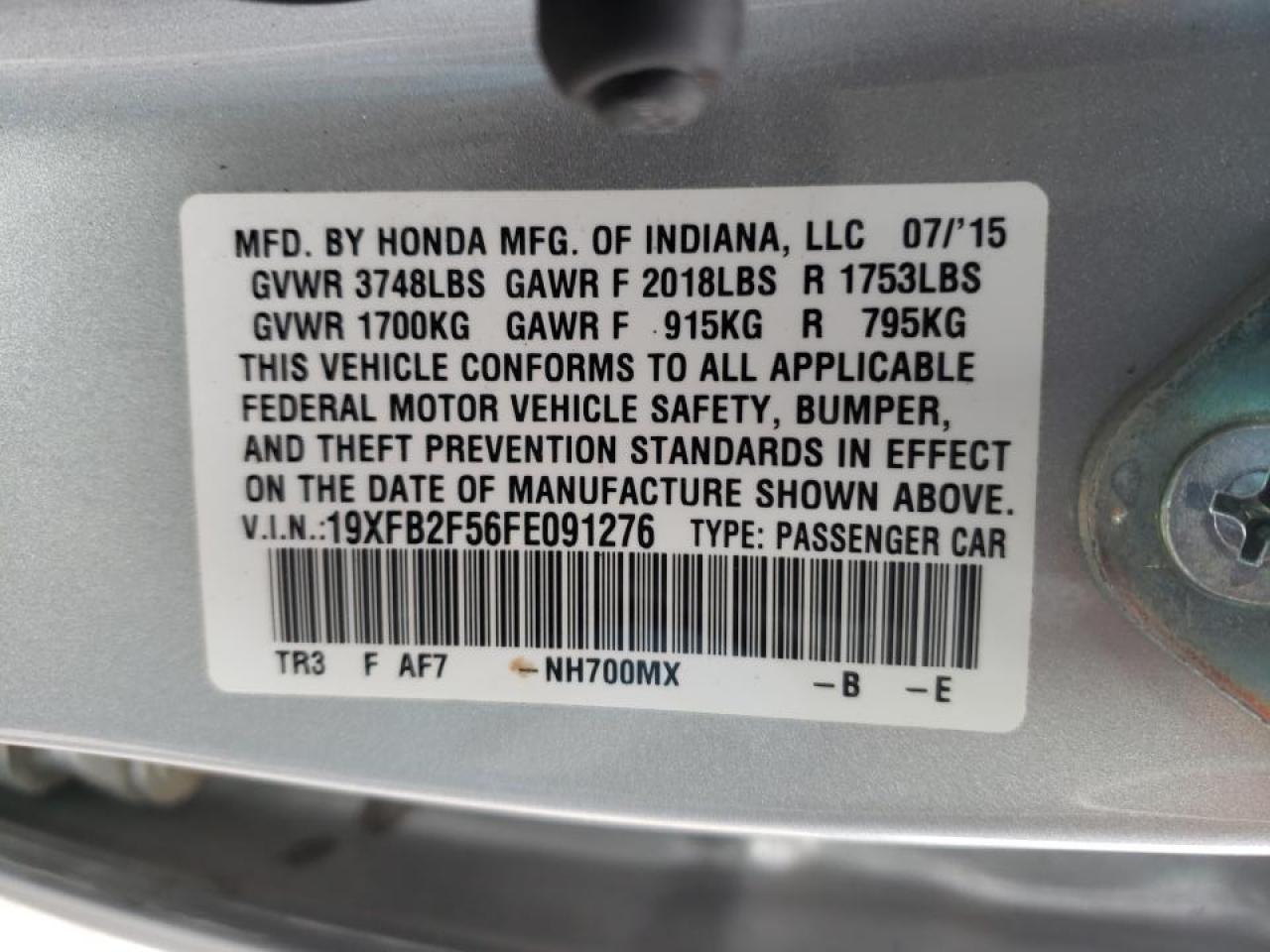 Photo 10 from auction – 2015 HONDA CIVIC LX with VIN 19XFB2F56FE091276