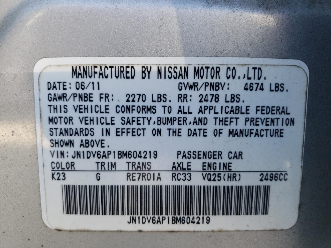 Photo 10 from auction – 2011 INFINITI G25 BASE with VIN JN1DV6AP1BM604219
