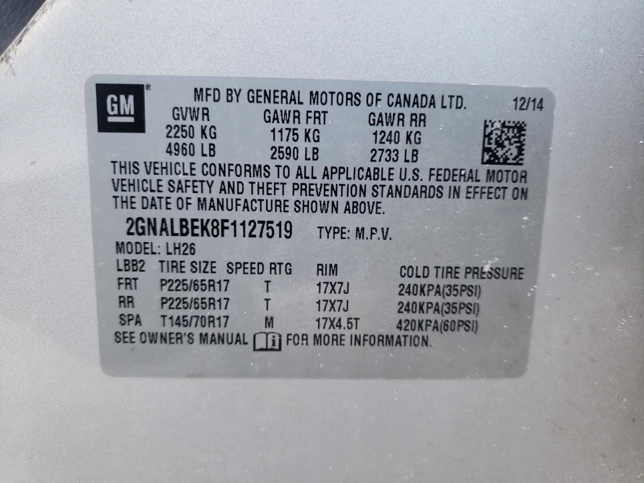 Photo 10 from auction – 2015 CHEVROLET EQUINOX LT with VIN 2GNALBEK8F1127519