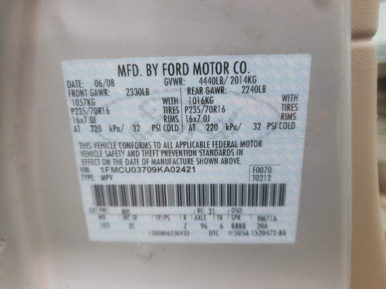 Photo 10 from auction – 2009 FORD ESCAPE XLT with VIN 1FMCU03709KA02421