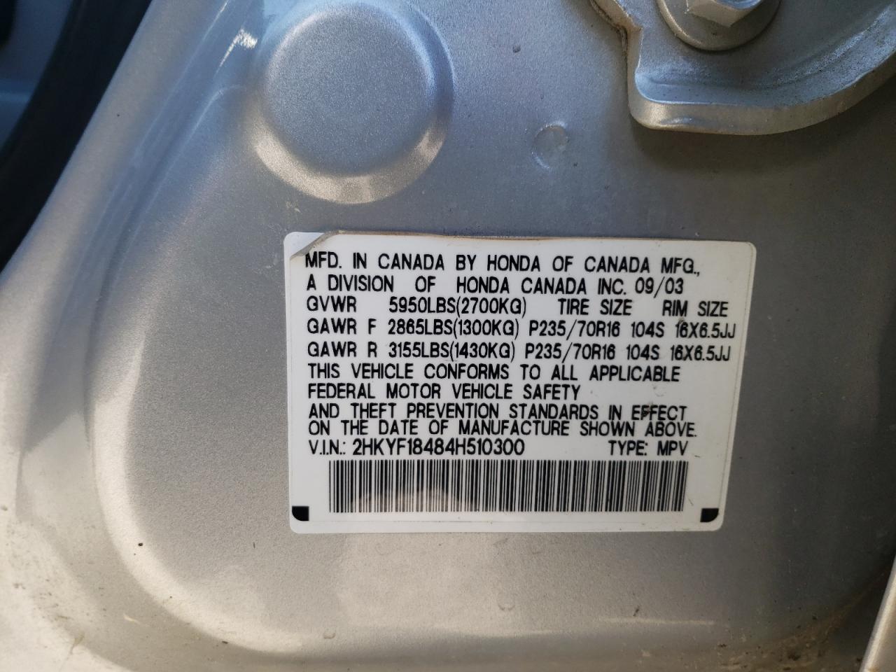 Photo 10 from auction – 2004 HONDA PILOT EX with VIN 2HKYF18484H510300