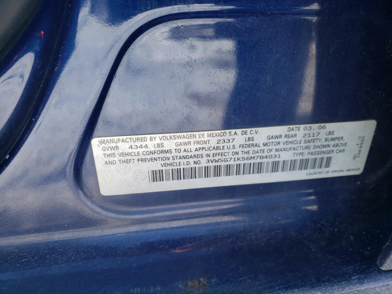 Photo 10 from auction – 2006 VOLKSWAGEN JETTA with VIN 3VWSG71K56M784031