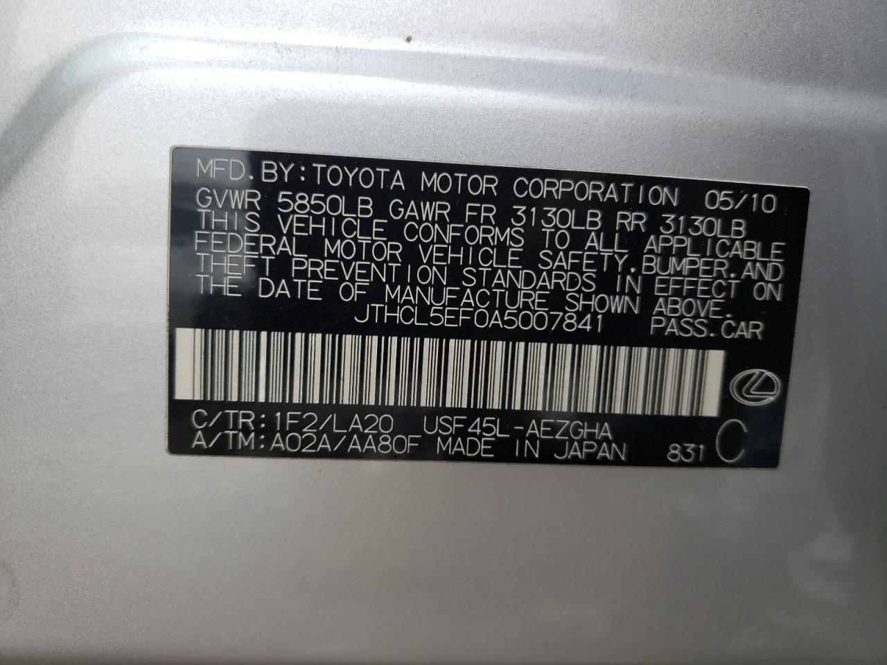 Photo 10 from auction – 2010 LEXUS LS 460 with VIN JTHCL5EF0A5007841