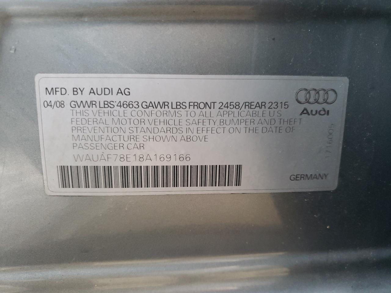 Photo 10 from auction – 2008 AUDI A4 2.0T with VIN WAUAF78E18A169166
