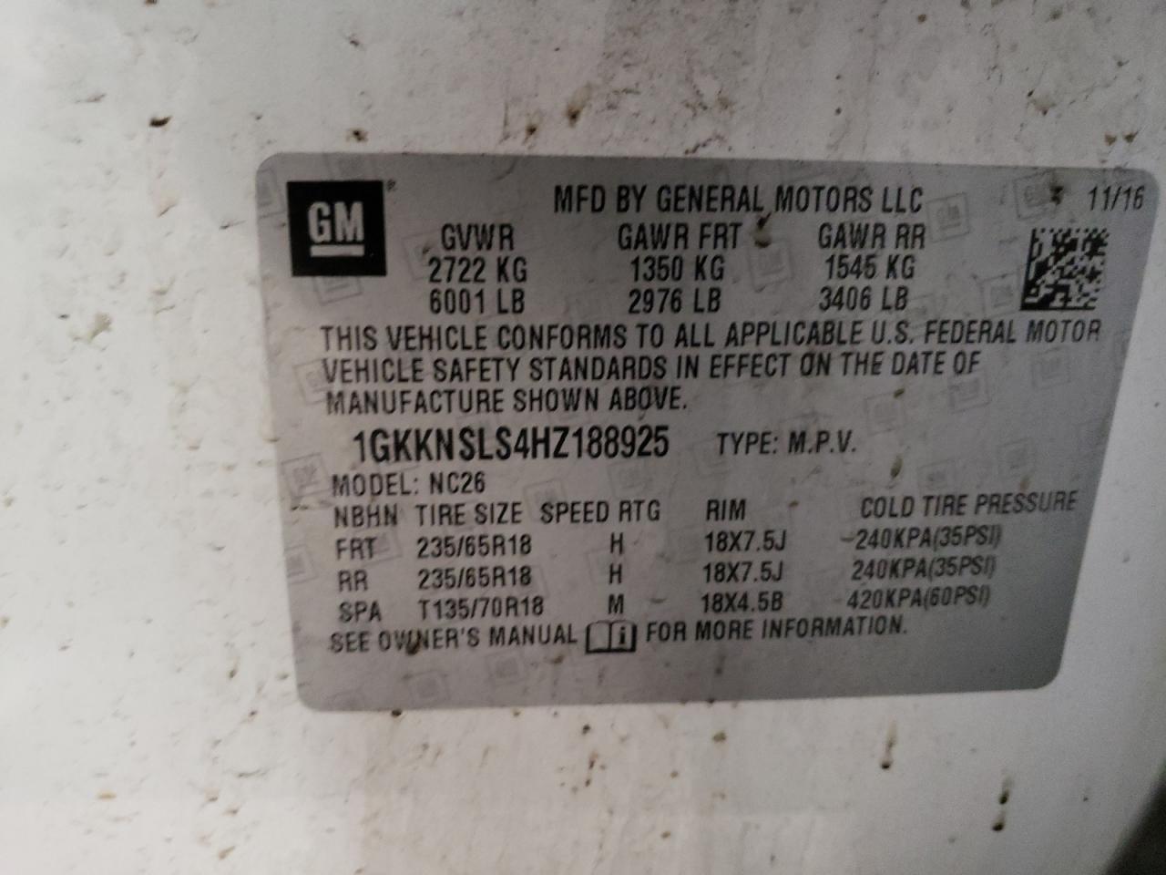 Photo 10 from auction – 2017 GMC ACADIA SLE with VIN 1GKKNSLS4HZ188925