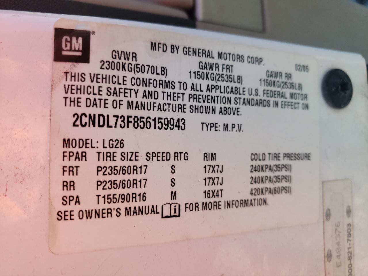 Photo 10 from auction – 2005 CHEVROLET EQUINOX LT with VIN 2CNDL73F856159943