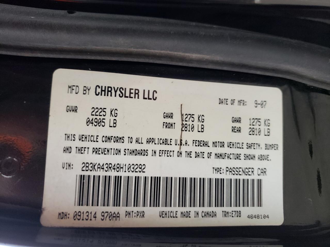 Photo 10 from auction – 2008 DODGE CHARGER with VIN 2B3KA43R48H103292