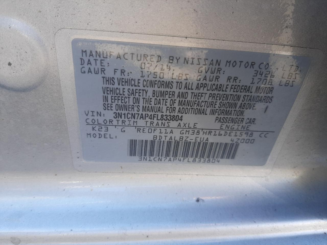 Photo 10 from auction – 2015 NISSAN VERSA S with VIN 3N1CN7AP4FL833804