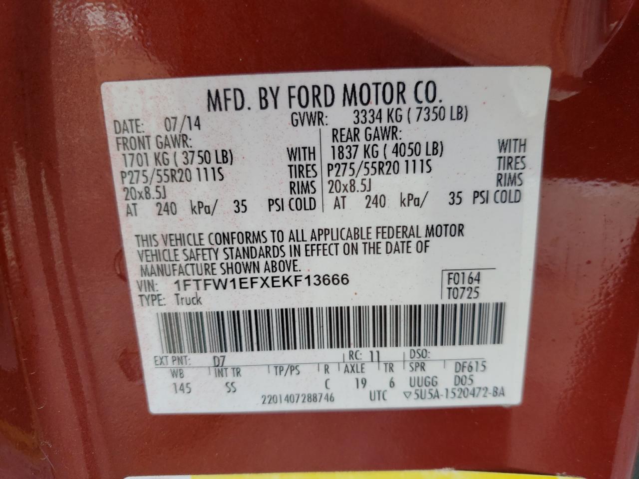 Photo 10 from auction – 2014 FORD F150 SUPER with VIN 1FTFW1EFXEKF13666