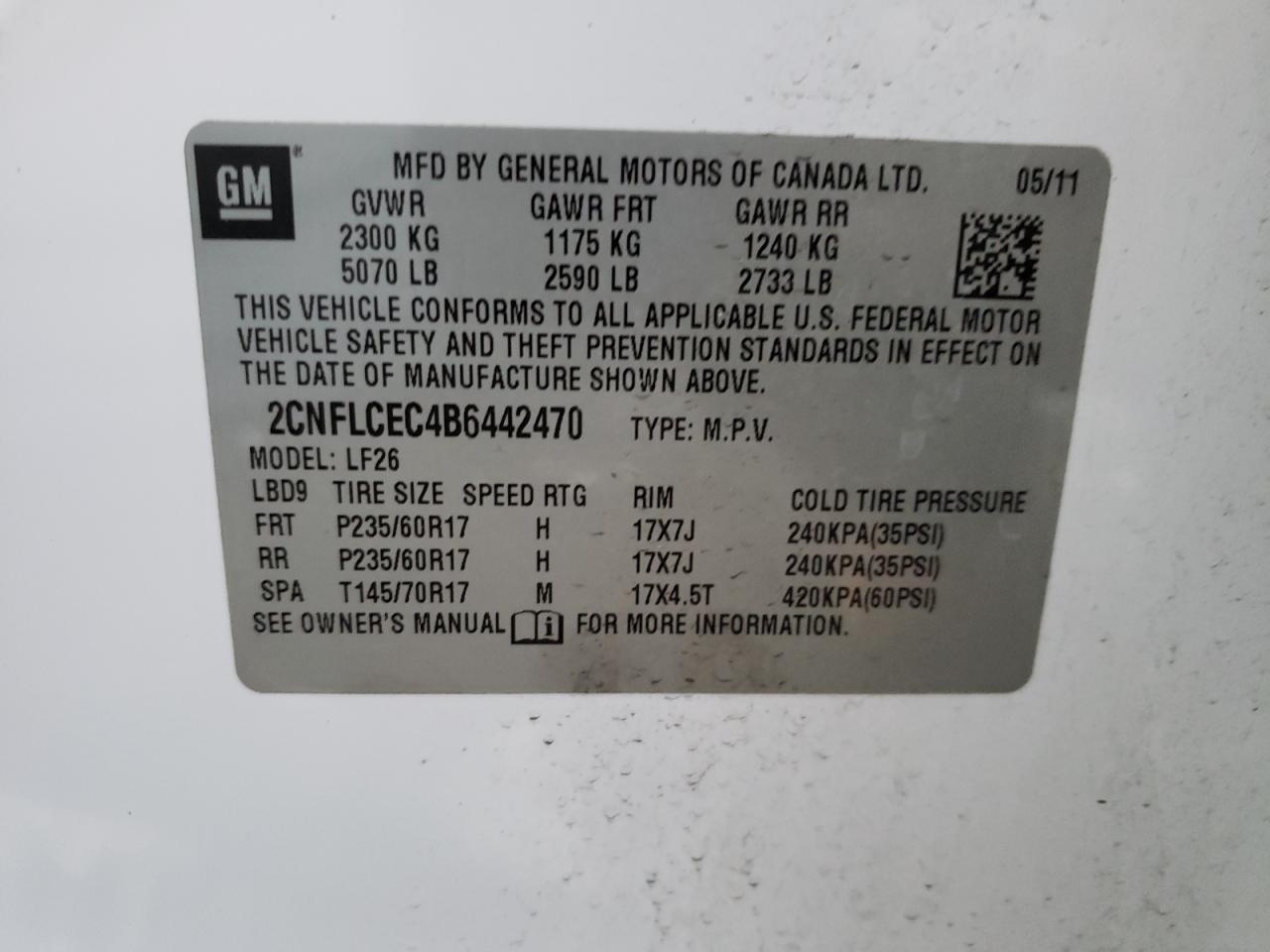 Photo 10 from auction – 2011 CHEVROLET EQUINOX LS with VIN 2CNFLCEC4B6442470