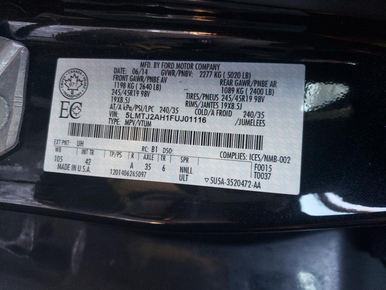 Photo 10 from auction – 2015 LINCOLN MKC with VIN 5LMTJ2AH1FUJ01116