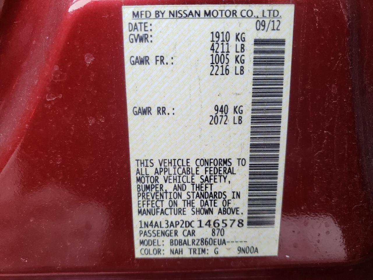 Photo 10 from auction – 2013 NISSAN ALTIMA 2.5 with VIN 1N4AL3AP2DC146578