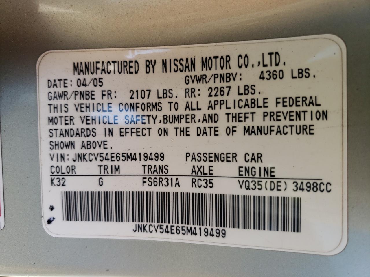 Photo 10 from auction – 2005 INFINITI G35 with VIN JNKCV54E65M419499