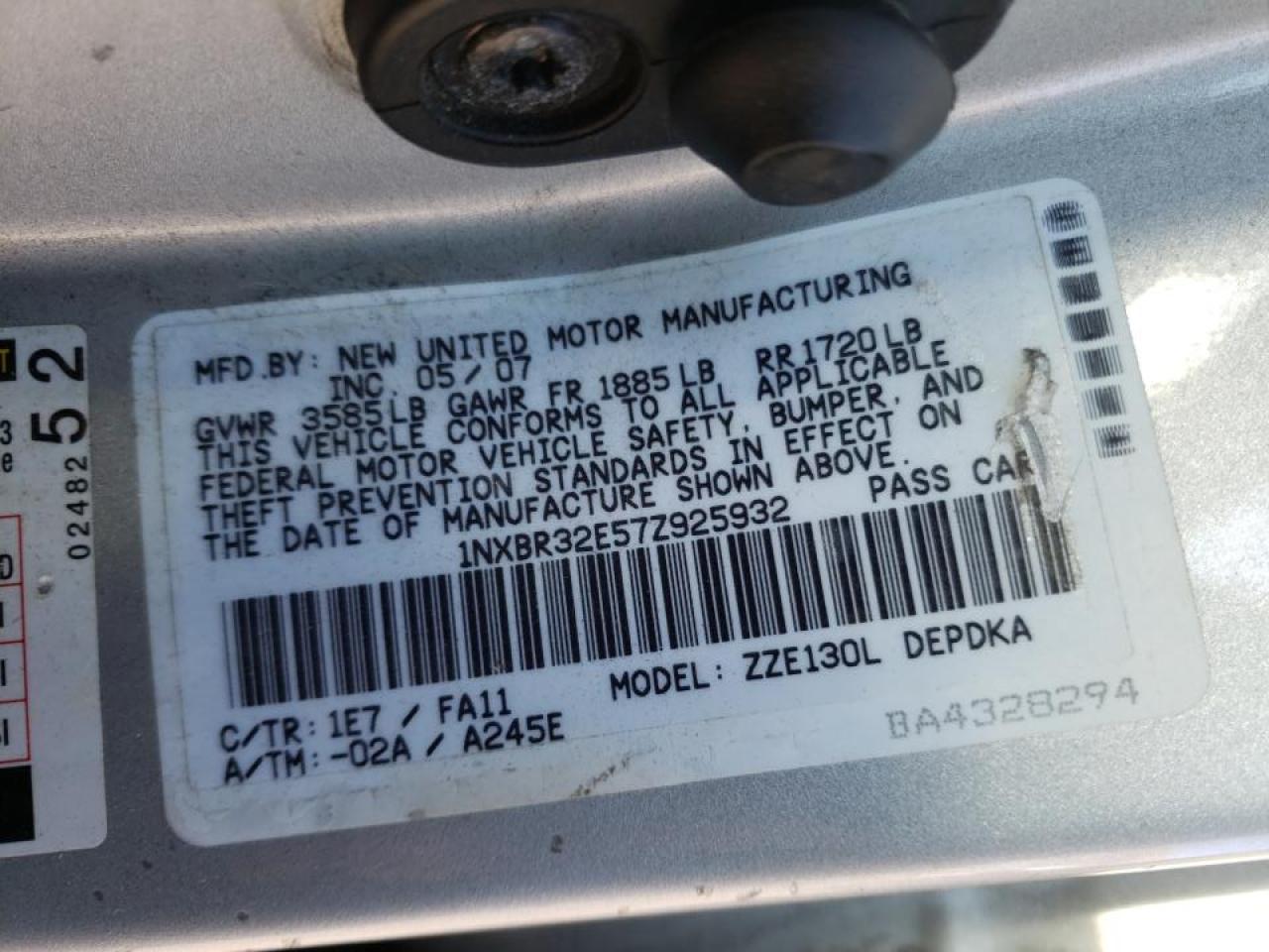 Photo 10 from auction – 2007 TOYOTA COROLLA CE with VIN 1NXBR32E57Z925932