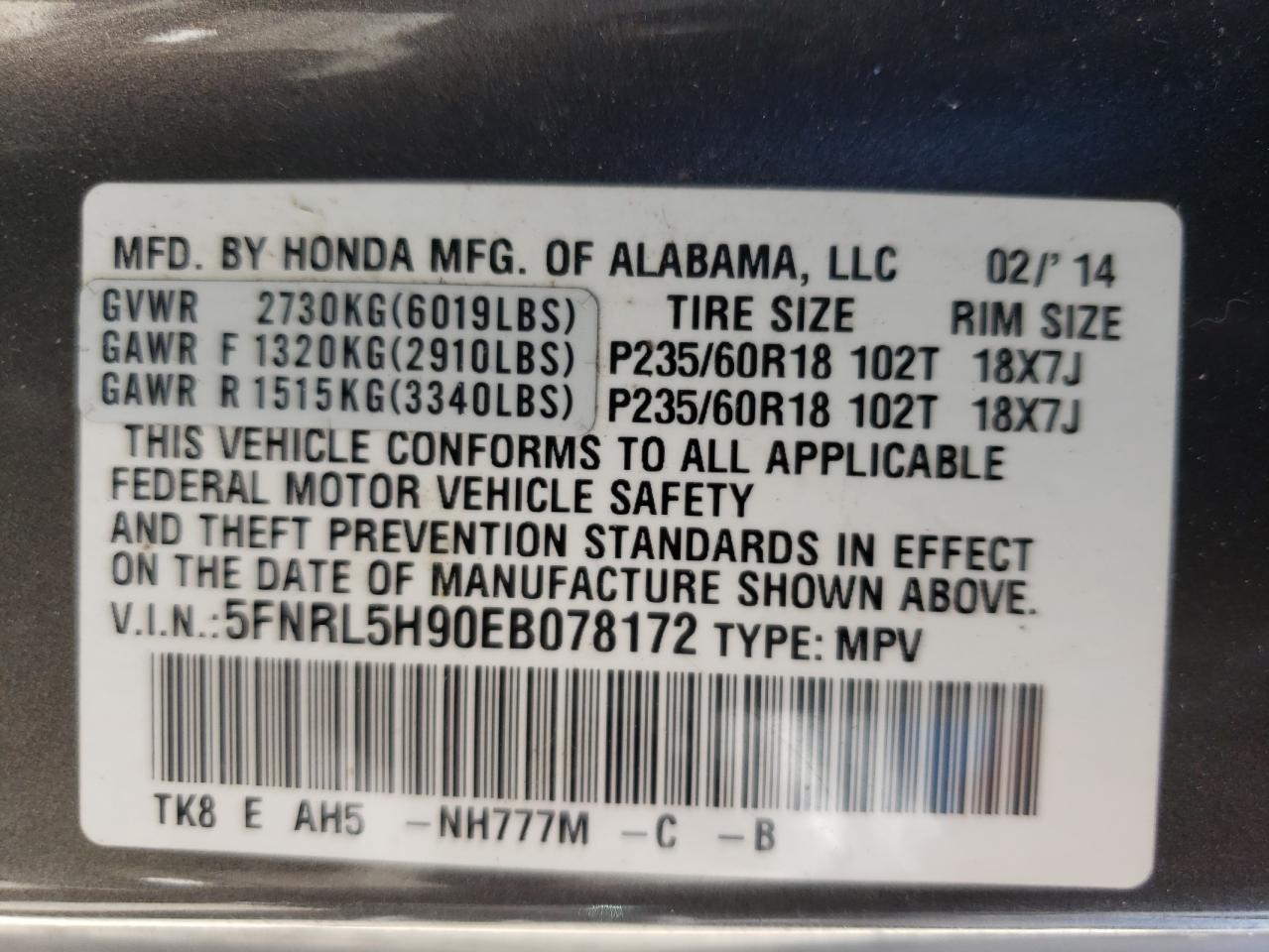 Photo 10 from auction – 2014 HONDA ODYSSEY TO with VIN 5FNRL5H90EB078172
