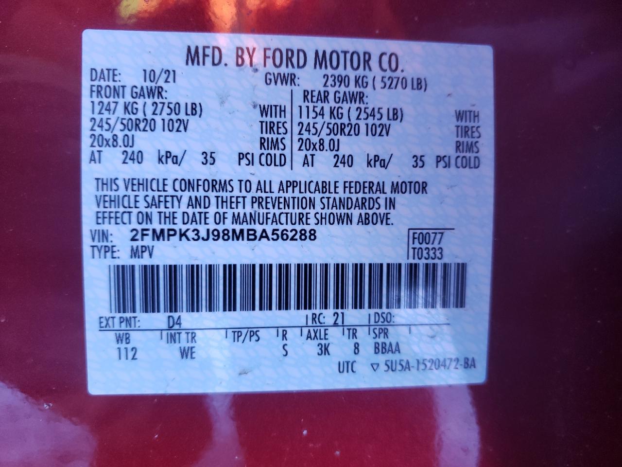 Photo 10 from auction – 2021 FORD EDGE SEL with VIN 2FMPK3J98MBA56288