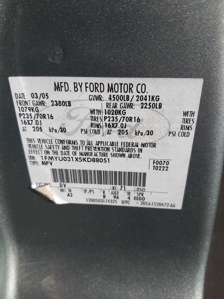 Photo 10 from auction – 2005 FORD ESCAPE XLT with VIN 1FMYU031X5KD88051