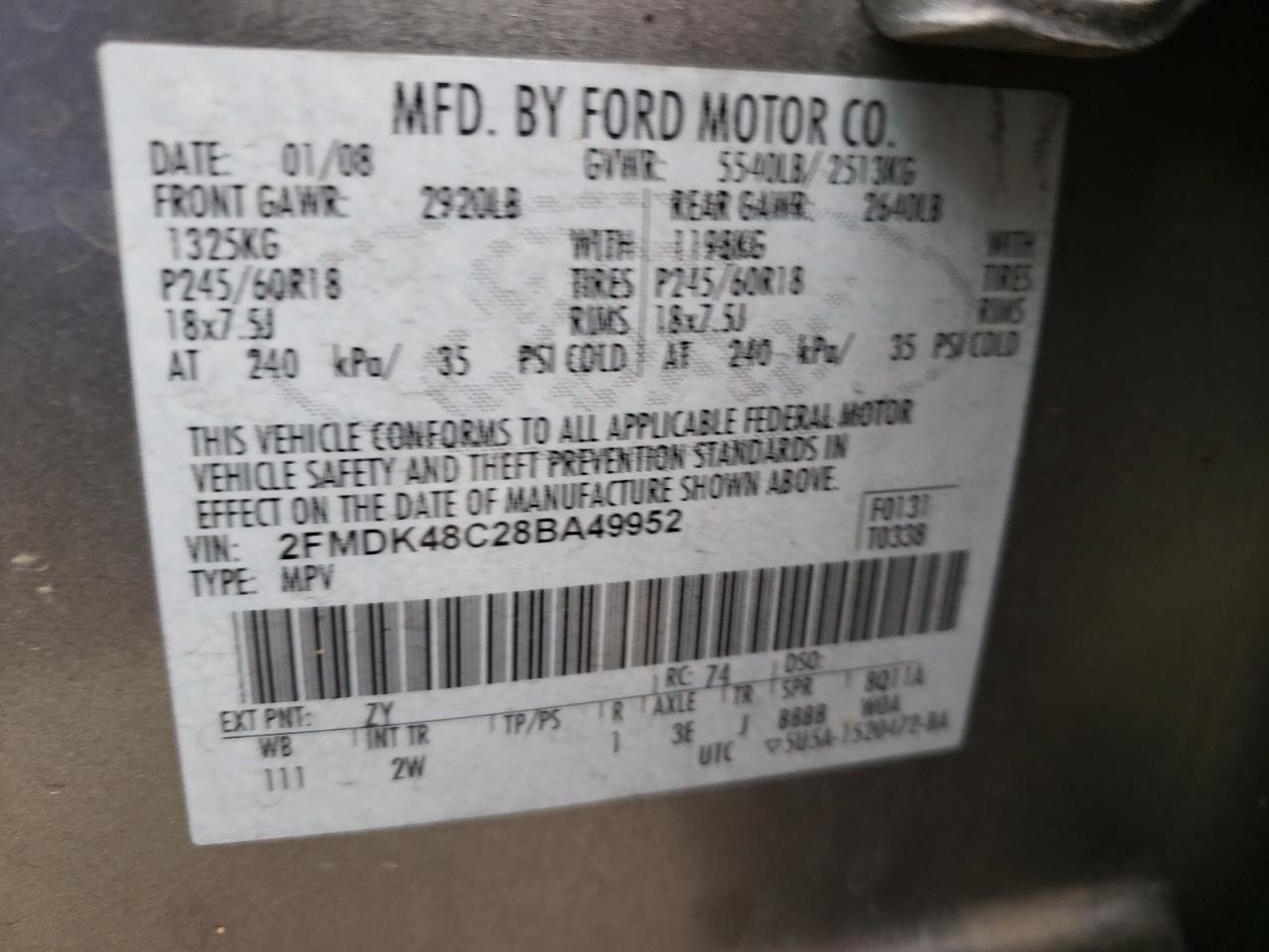 Photo 10 from auction – 2008 FORD EDGE SEL with VIN 2FMDK48C28BA49952