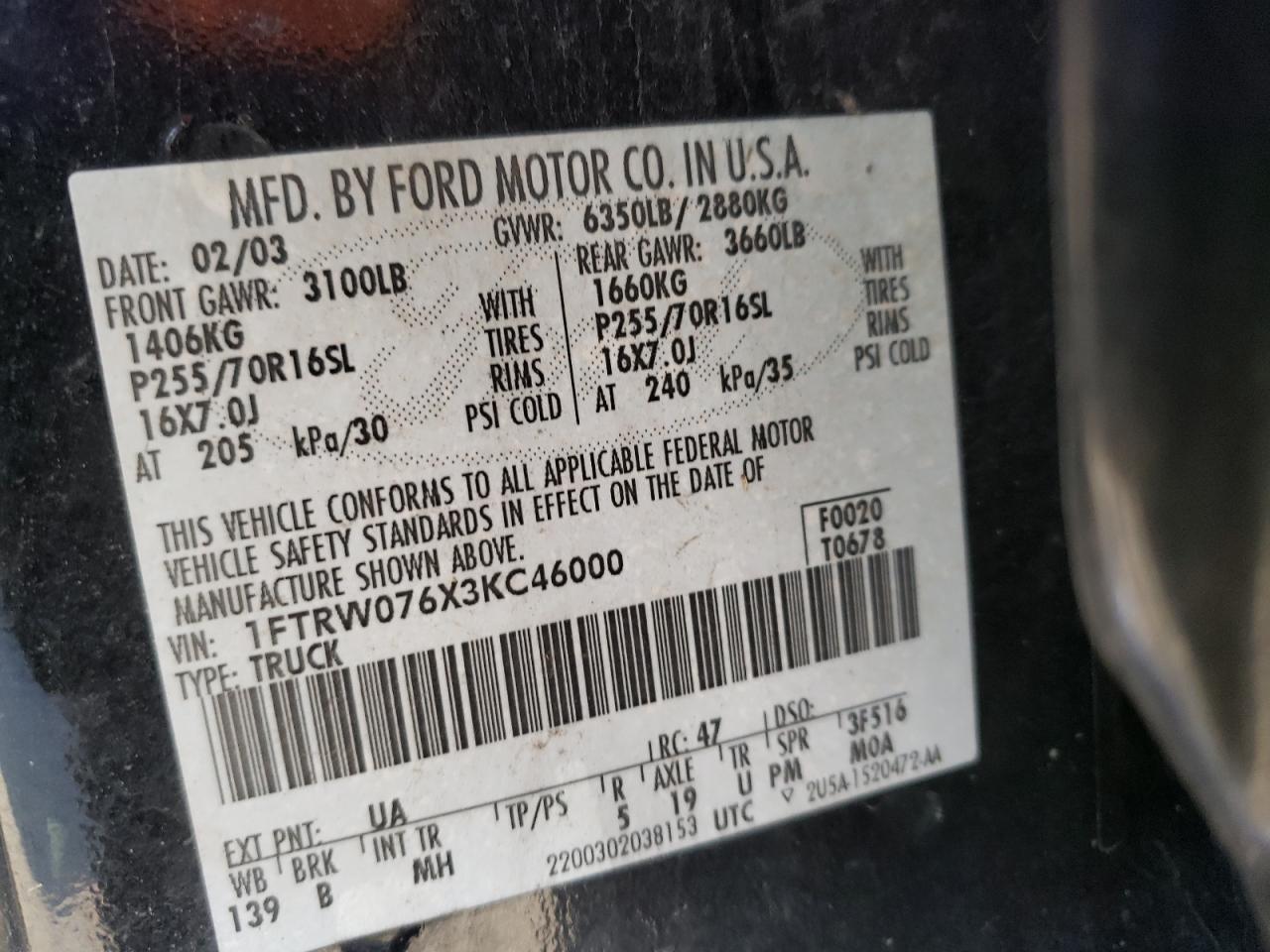 Photo 10 from auction – 2003 FORD F150 SUPER with VIN 1FTRW076X3KC46000