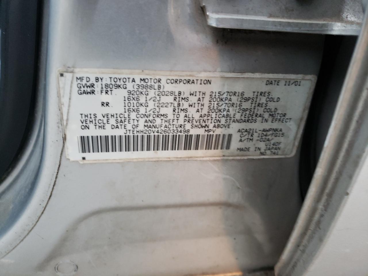 Photo 10 from auction – 2002 TOYOTA RAV4 with VIN JTEHH20V426033498