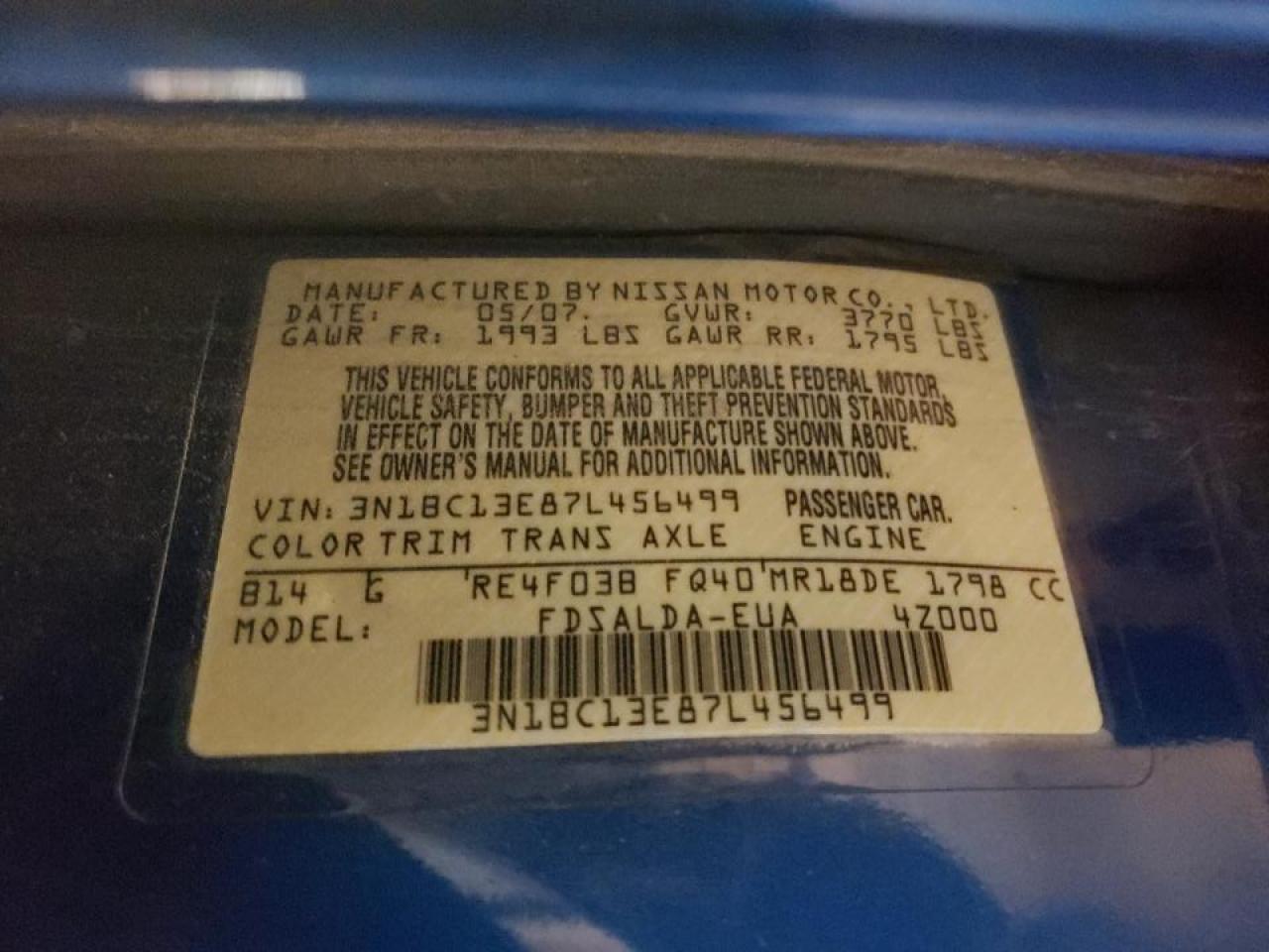 Foto 10 de la subasta – 2007 NISSAN VERSA S con VIN 3N1BC13E87L456499