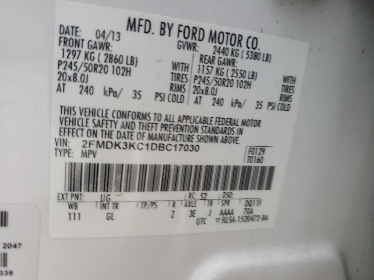 Photo 10 from auction – 2013 FORD EDGE LIMIT with VIN 2FMDK3KC1DBC17030