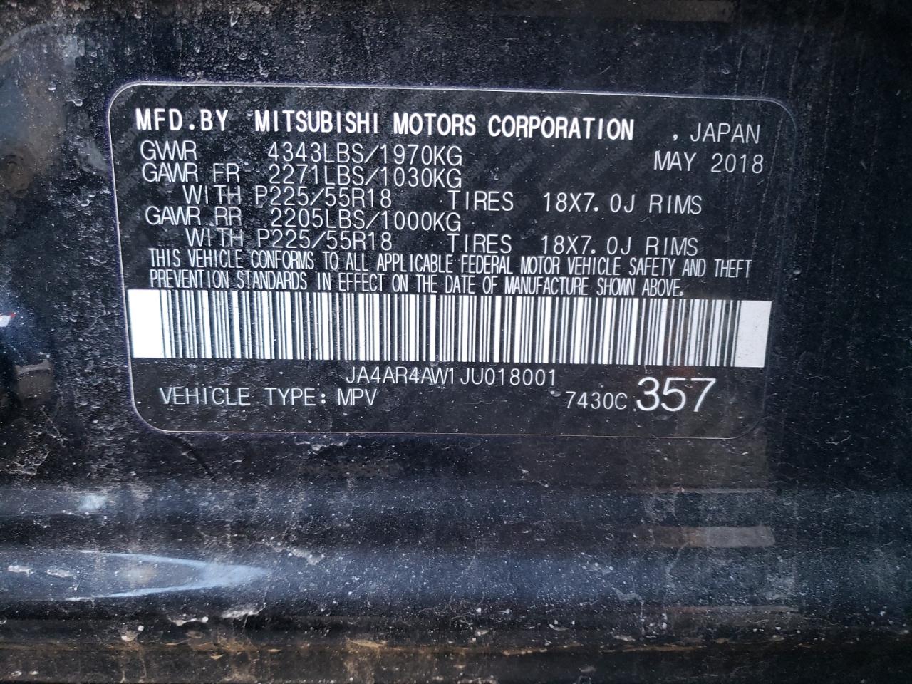Photo 10 from auction – 2018 MITSUBISHI OUTLANDER with VIN JA4AR4AW1JU018001