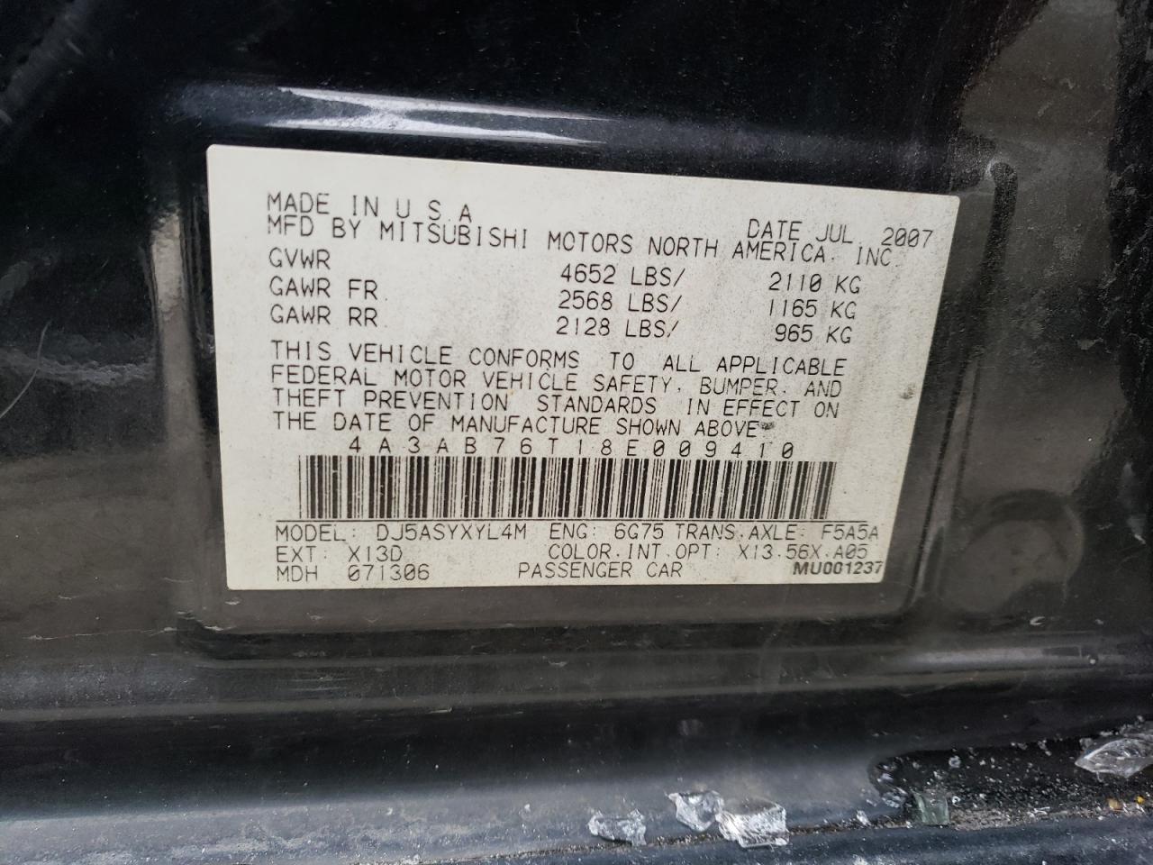 Photo 10 from auction – 2008 MITSUBISHI GALANT RAL with VIN 4A3AB76T18E009410