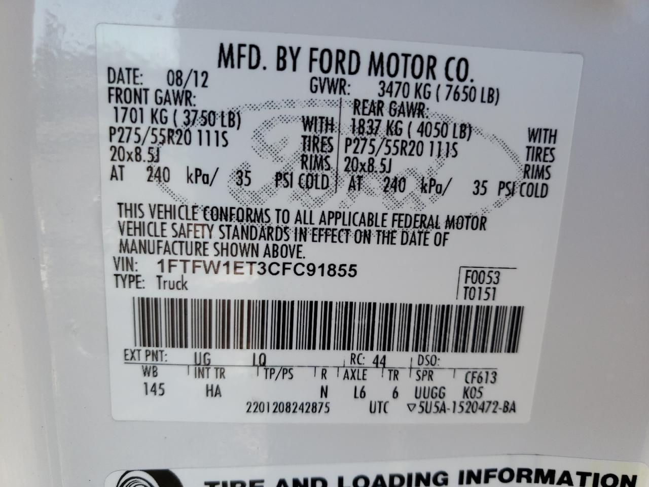 Photo 10 from auction – 2012 FORD F150 SUPER with VIN 1FTFW1ET3CFC91855