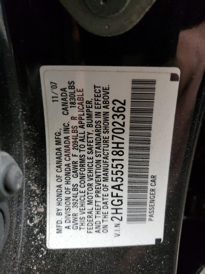 Photo 10 from auction – 2008 HONDA CIVIC SI with VIN 2HGFA55518H702362