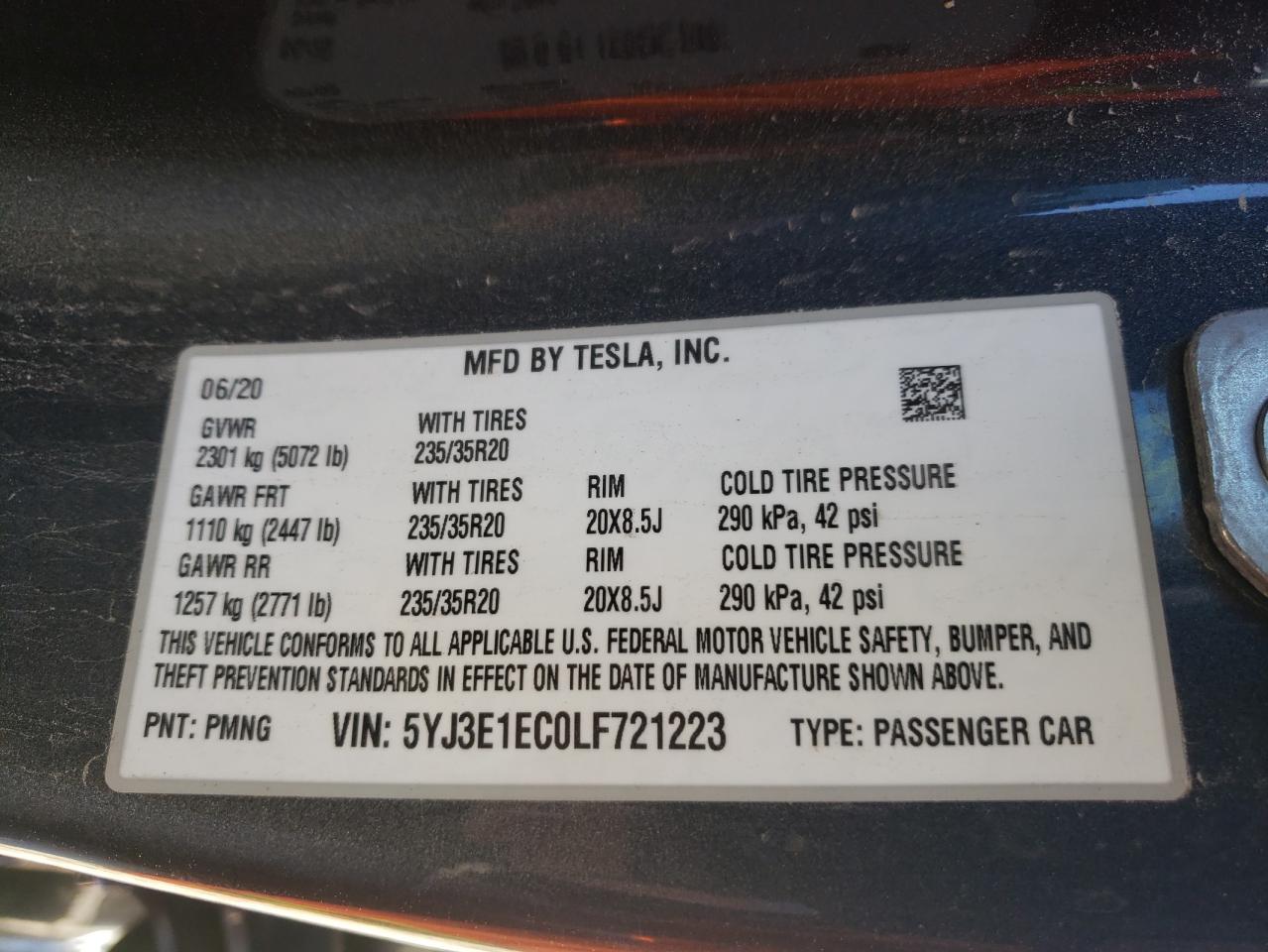 Photo 10 from auction – 2020 TESLA MODEL 3 with VIN 5YJ3E1EC0LF721223