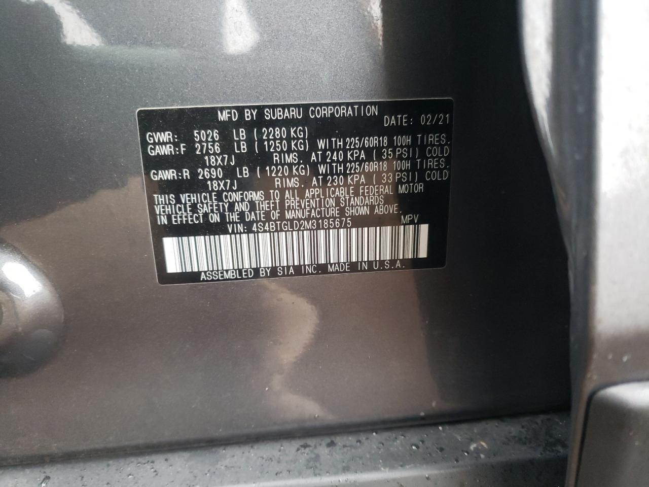 Photo 10 from auction – 2021 SUBARU OUTBACK ON with VIN 4S4BTGLD2M3185675