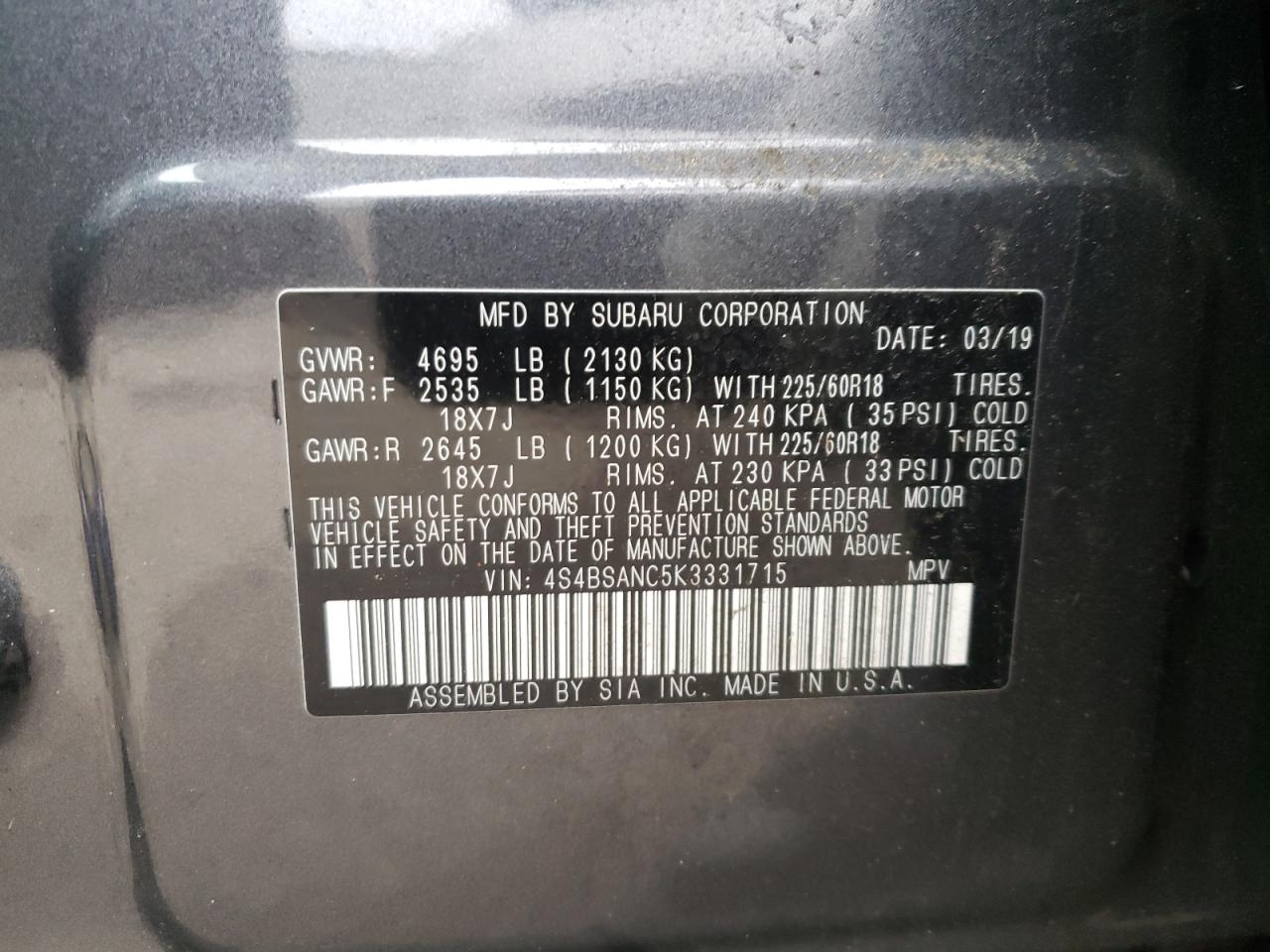 Photo 10 from auction – 2019 SUBARU OUTBACK 2. with VIN 4S4BSANC5K3331715