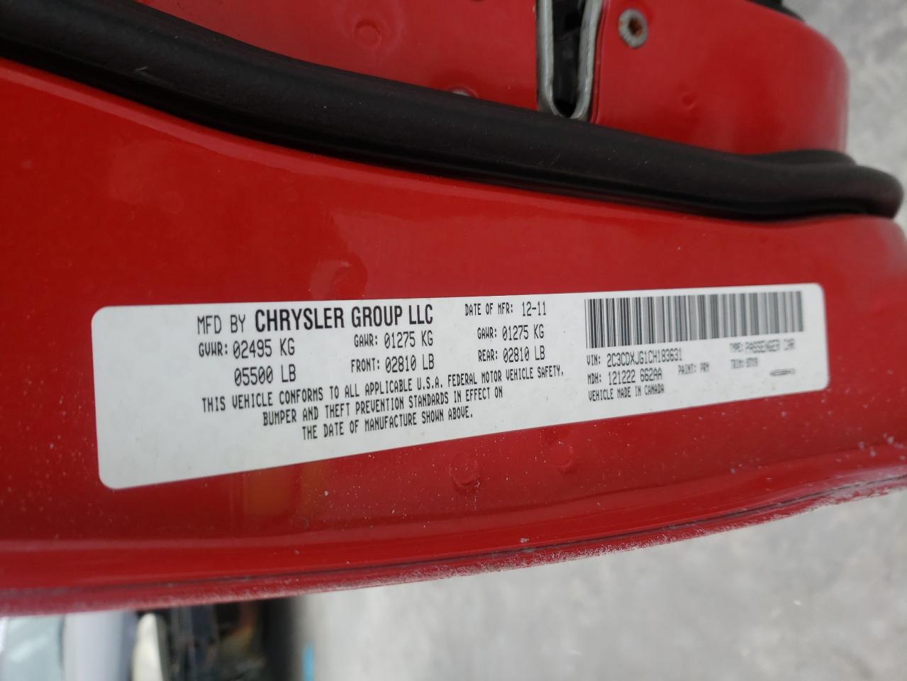 Photo 10 from auction – 2012 DODGE CHARGER SX with VIN 2C3CDXJG1CH183631